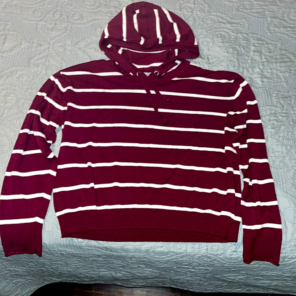 The Slope L Burgundy, White Striped Pullover Sweater Hoodie